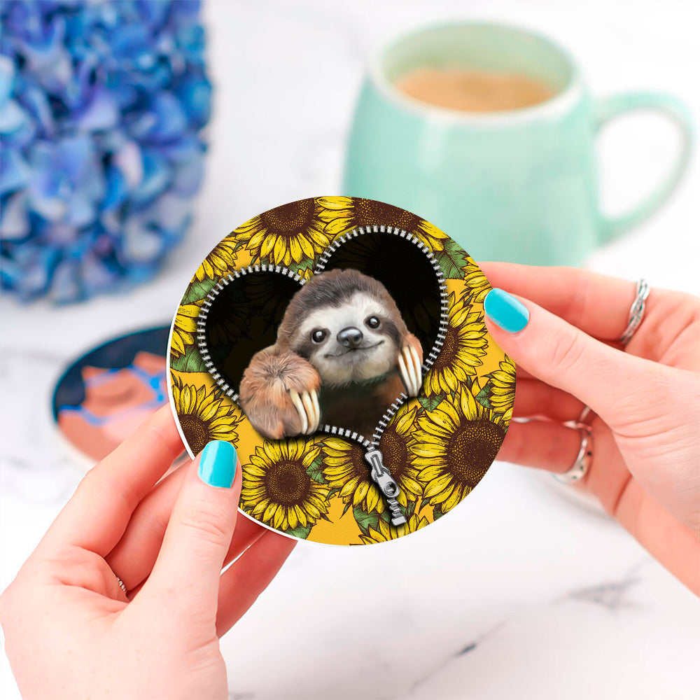 Cute Sloth Sunflower Zipper Design  Drink Coasters
