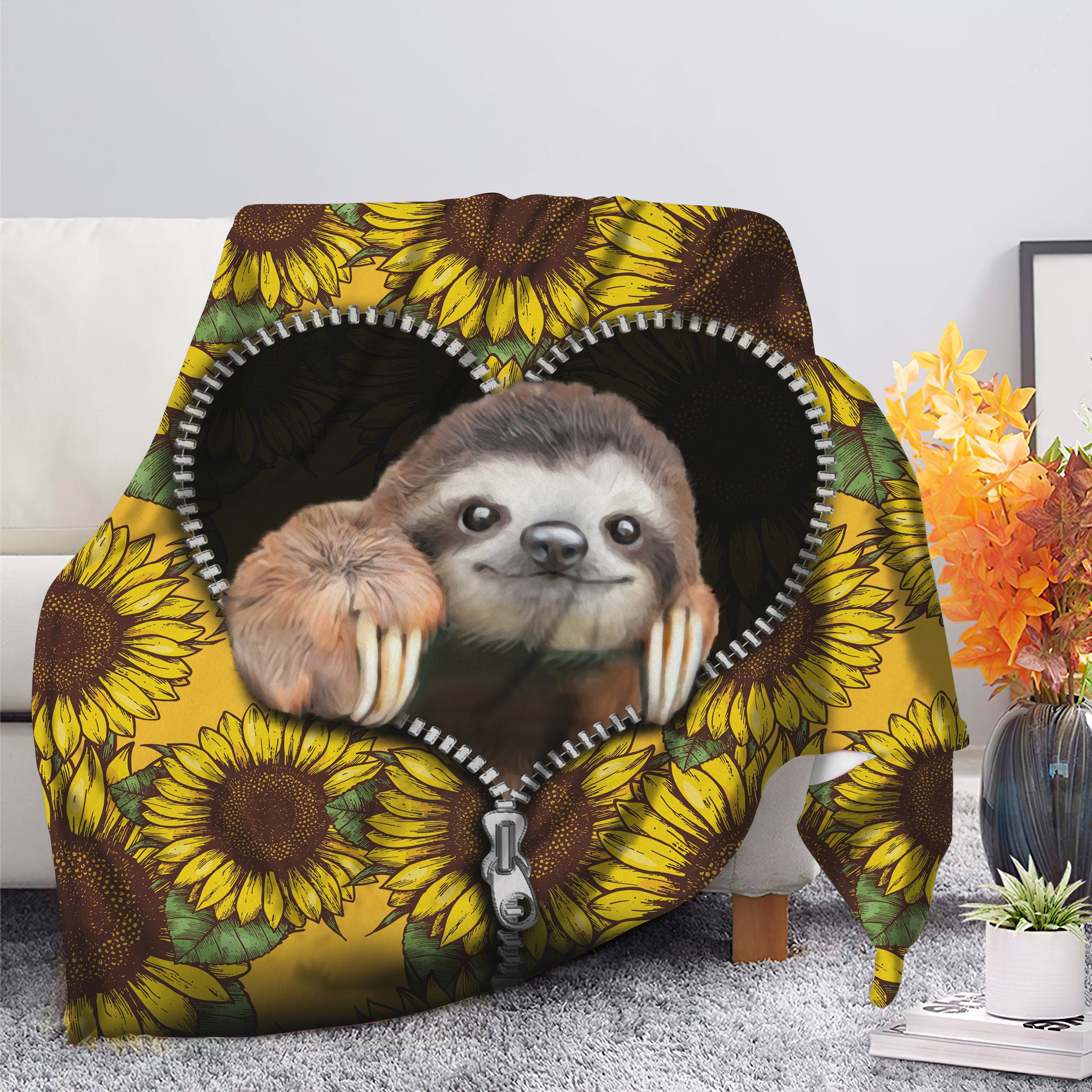 Cute Sloth Sunflower Premium Zipper Blanket Sloth Cute