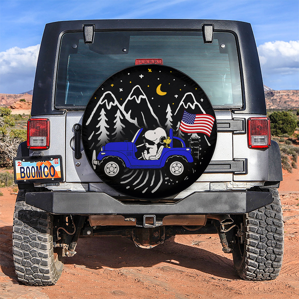 Snoopy Blue Jeep US Flag Spare Tire Covers for Campers and Gifts