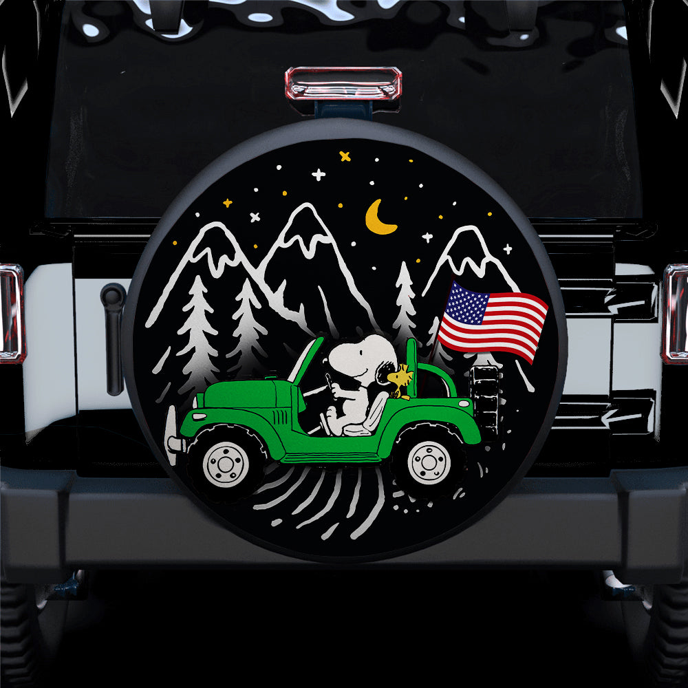 Snoopy Jeep US Flag Mountain Spare Tire Covers Gift for Campers