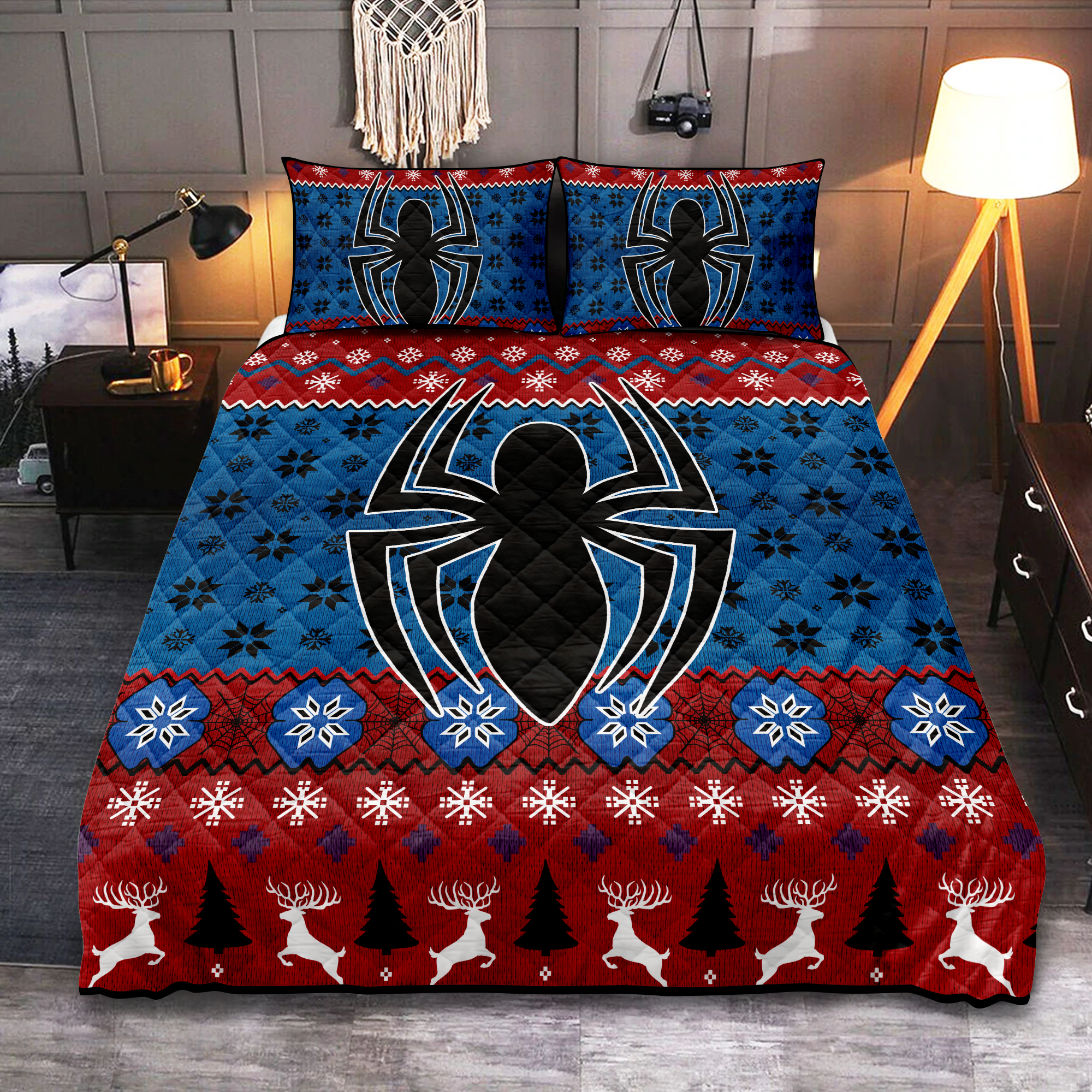 Spider Man Blue Christmas Quilt Bed Set for Kids Spider