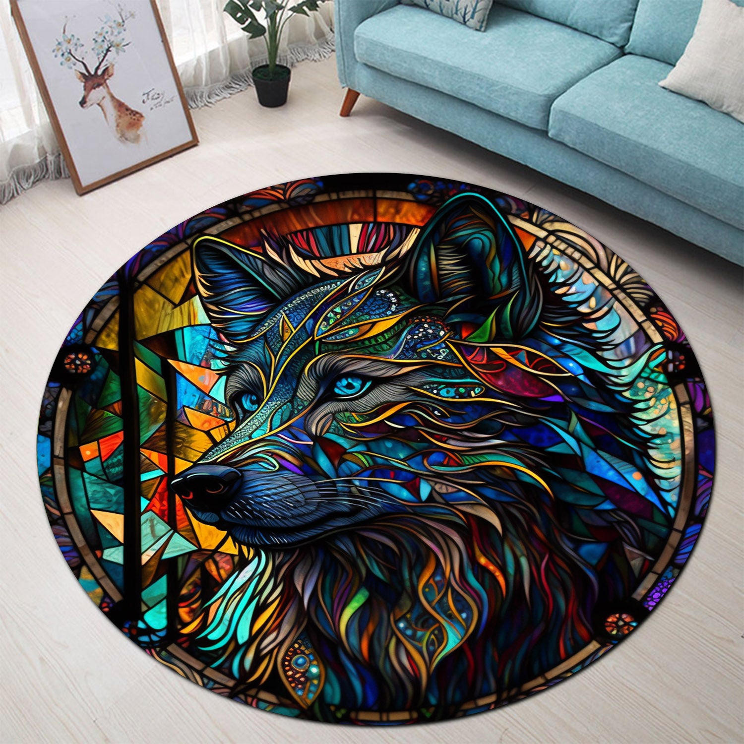 Stained Glass Wolf Round Carpet Rug for Bedroom and Living Room Decor
