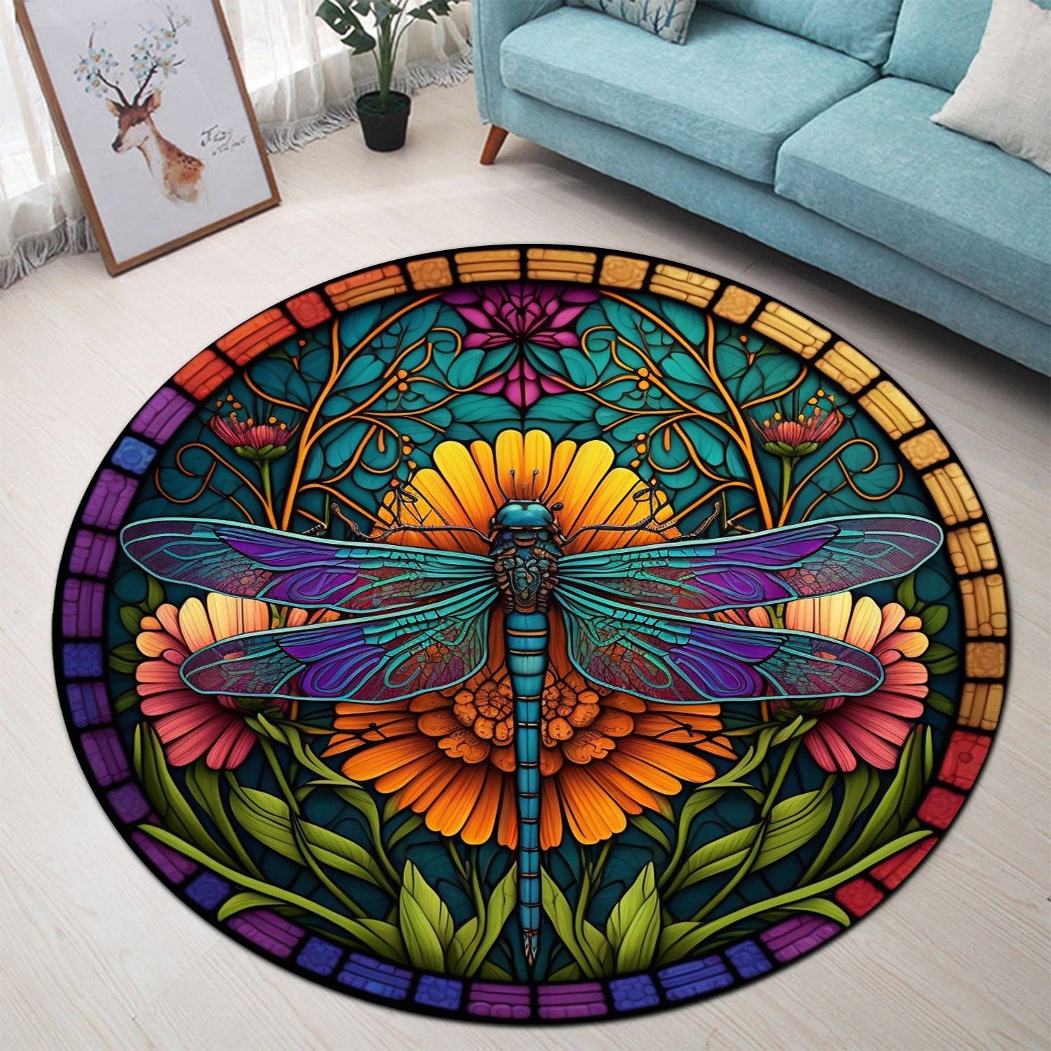 Colorful Dragonfly Stained Glass Round Carpet Rug for Bedroom Decor