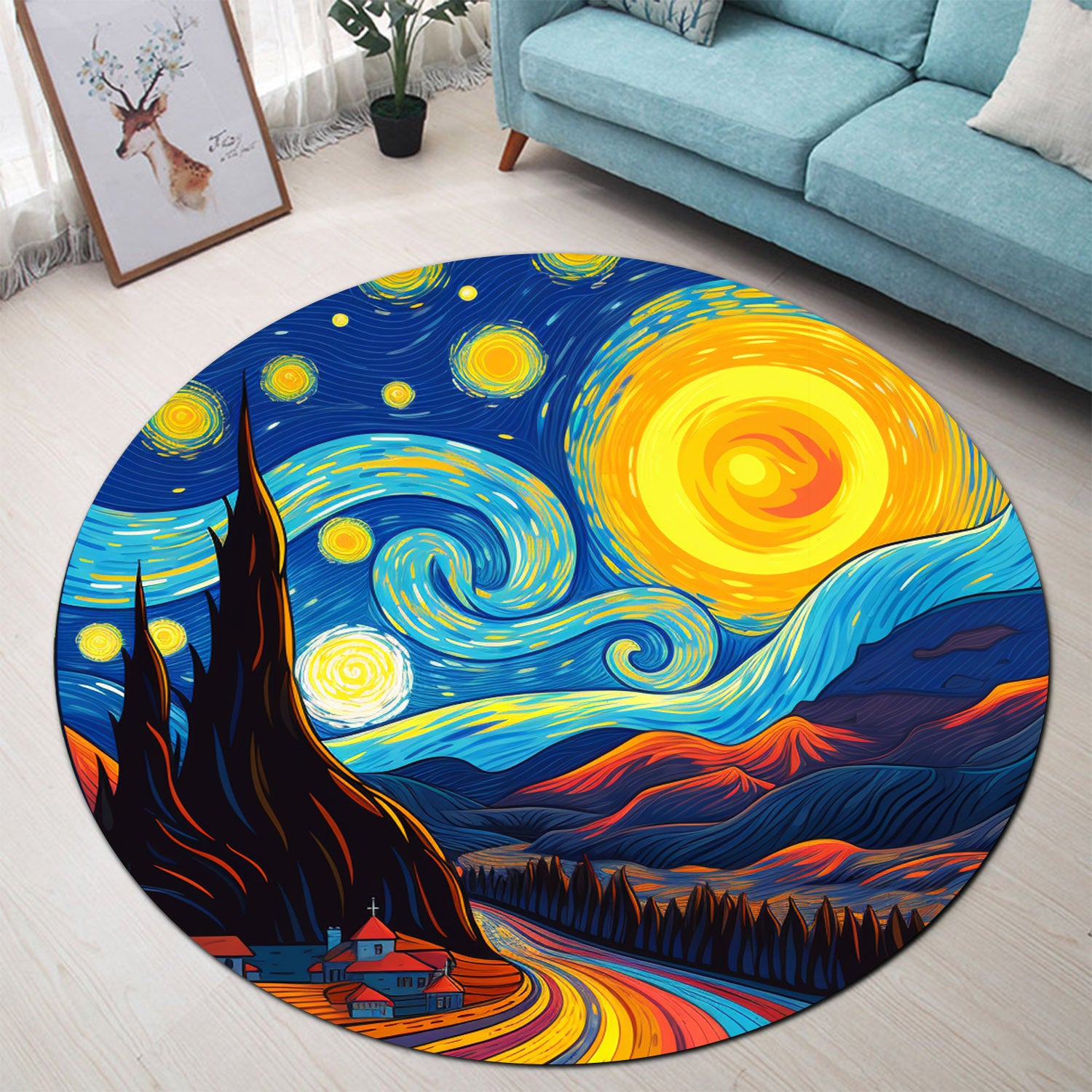 Starry Night Rug Round Carpet for Bedroom Living Room Home Decor