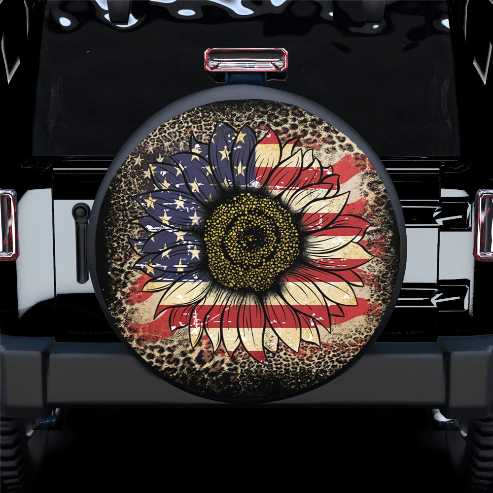 Sunflower American Flag Spare Tire Cover for Jeep Campers Gift