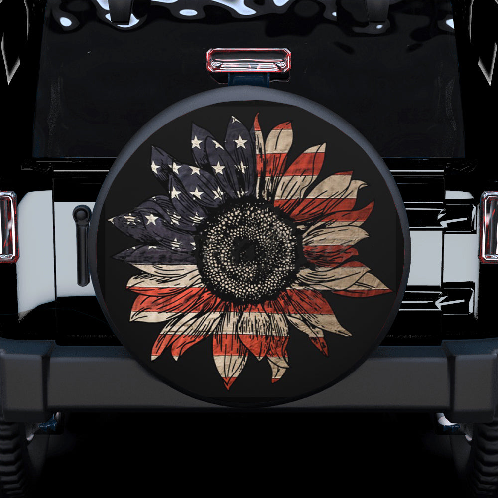 Sunflower American Flag Jeep Tire Cover - Gift for Campers