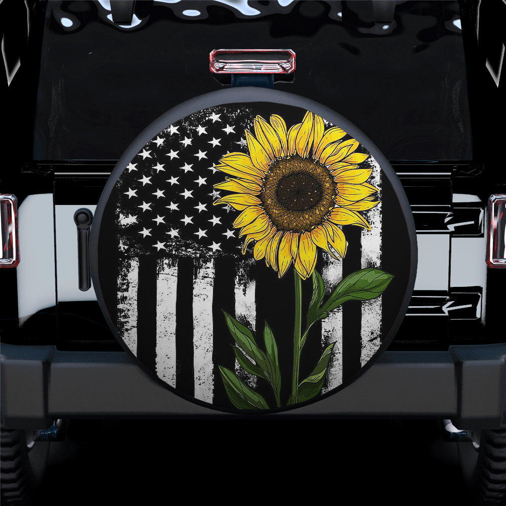 Custom Sunflower American Flag Jeep Car Spare Tire Cover for Campers