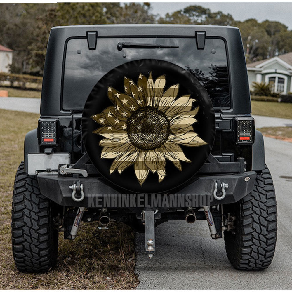 Custom USA Sunflower Jeep Spare Tire Cover Gift for Campers