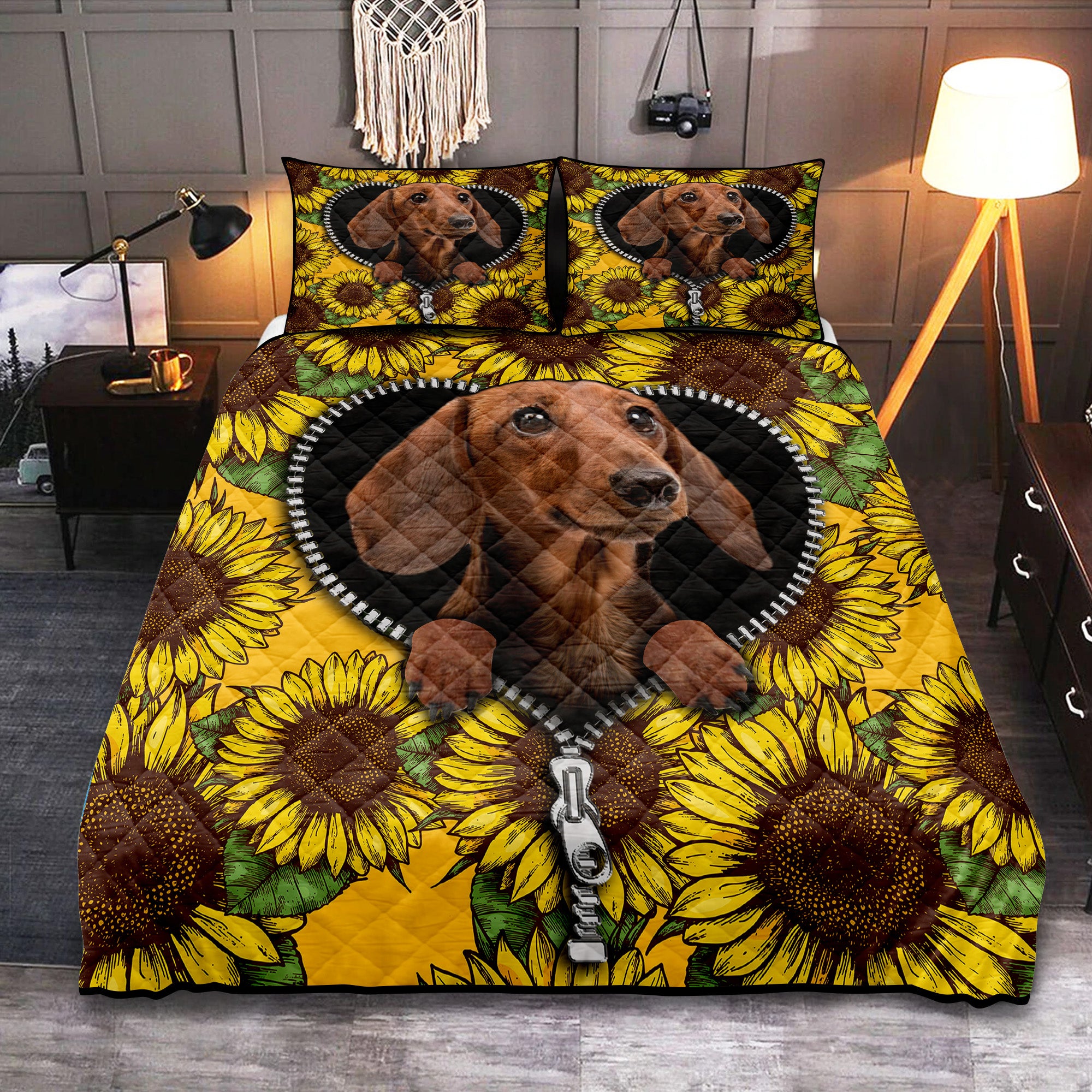 Sunflower Dachshund Zipper Quilt Bed Sets for Comfortable Sleep