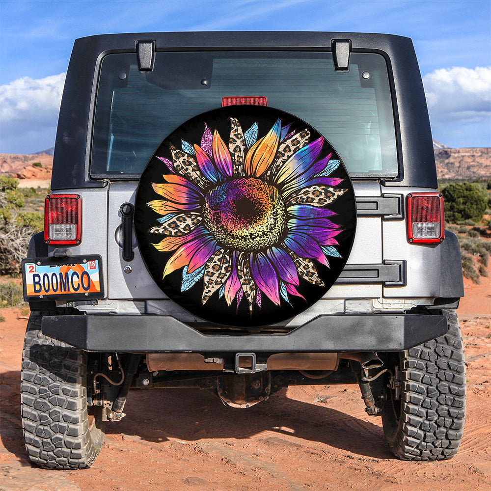 Colorful Sunflower Leopard Jeep Spare Tire Cover for Campers