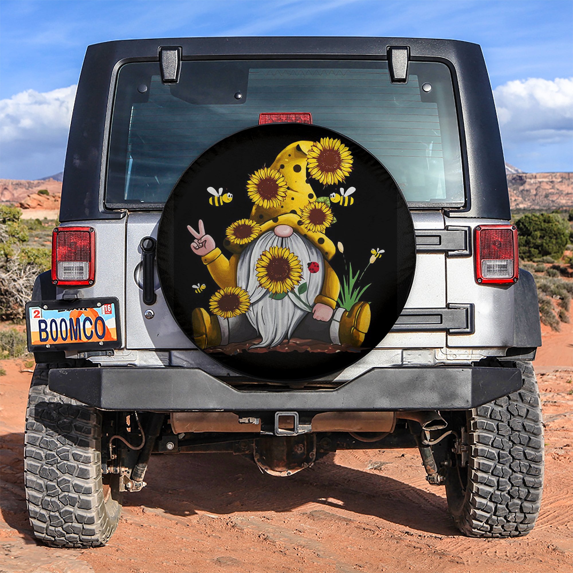 Sunflower Gnome Jeep Spare Tire Cover Gift for Camping Enthusiasts
