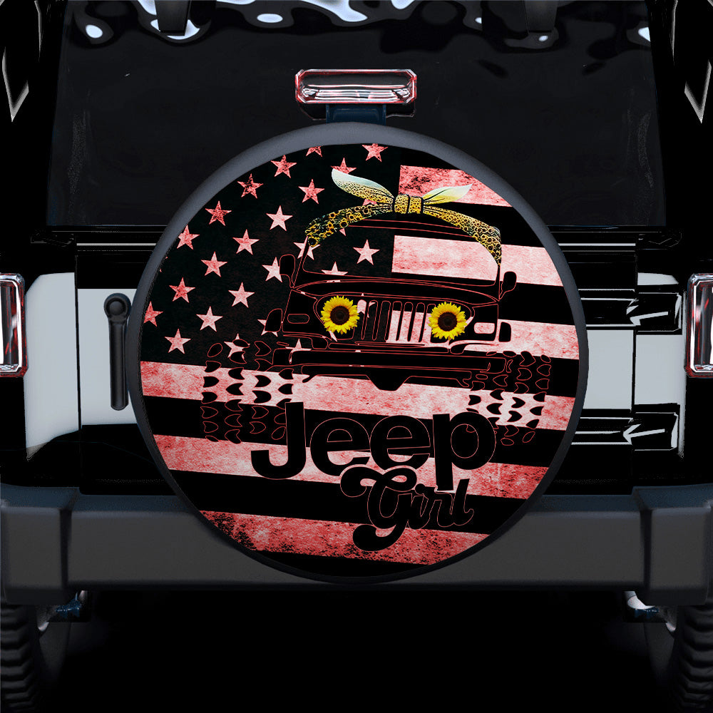 Sunflower Jeep Girl American Flag Spare Tire Cover for Campers
