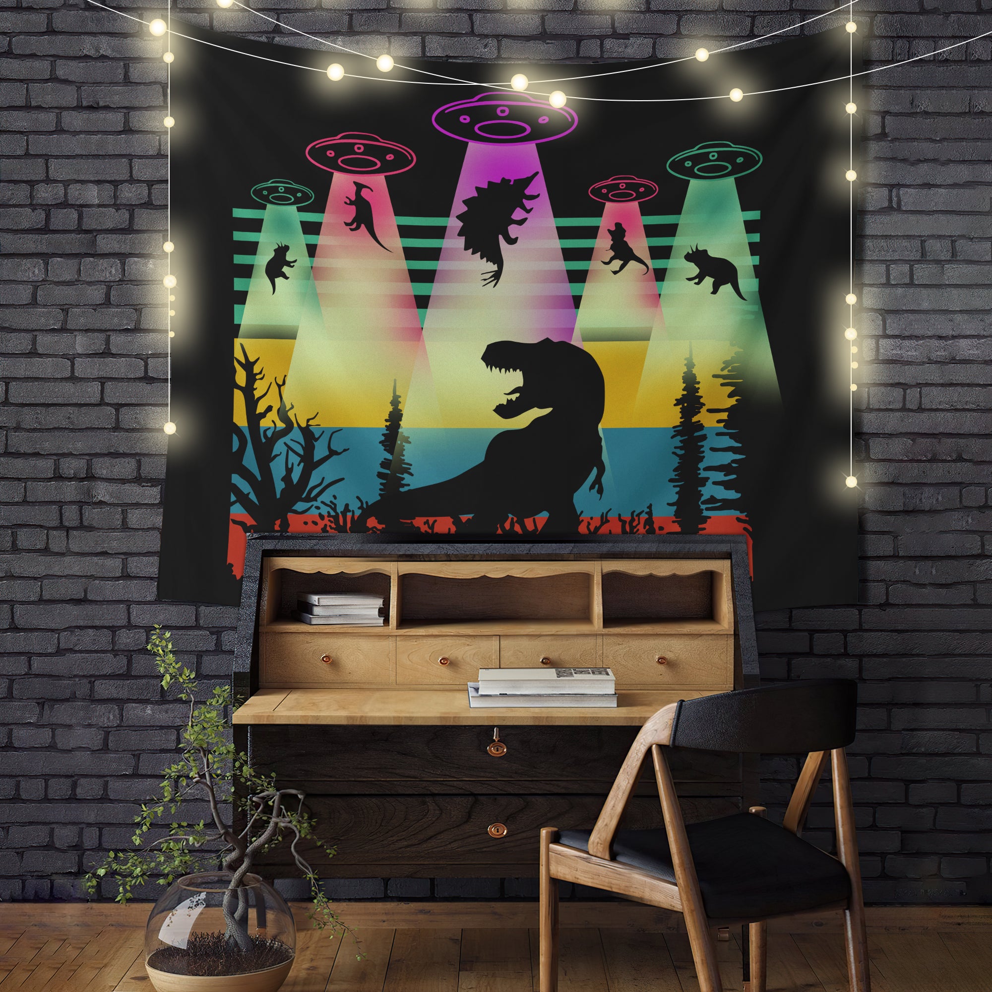 T-rex Dinosaur UFO Aliens Tapestry for Unique Room Decor