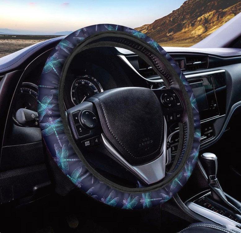 Teal Purple Dragonfly Pattern Car Steering Wheel Cover
