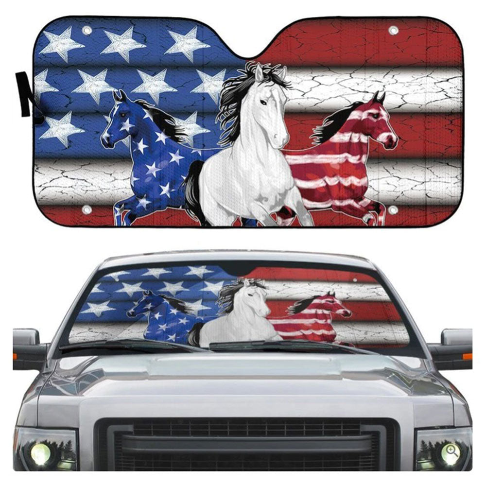 Custom American Flag Car Sun Shades for Windshield - Three Horses