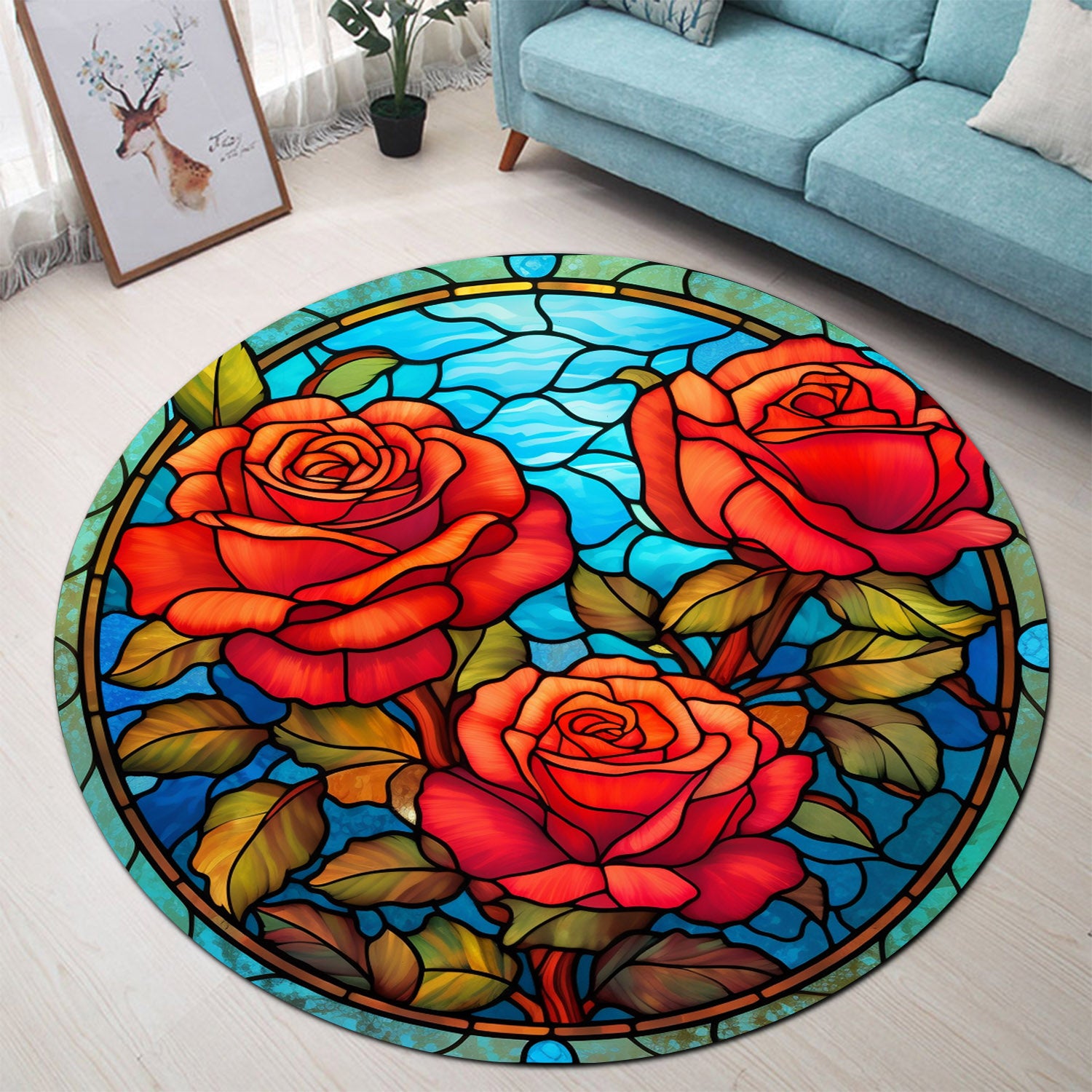 Three Roses Stained Glass Round Rug for Bedroom Living Room Decor