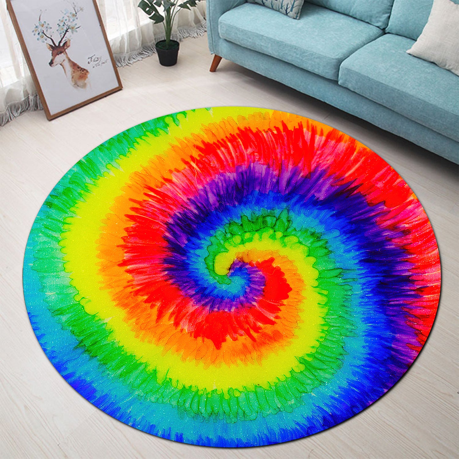 Colorful Tie Dye Round Rug for Bedroom and Living Room Home Decor
