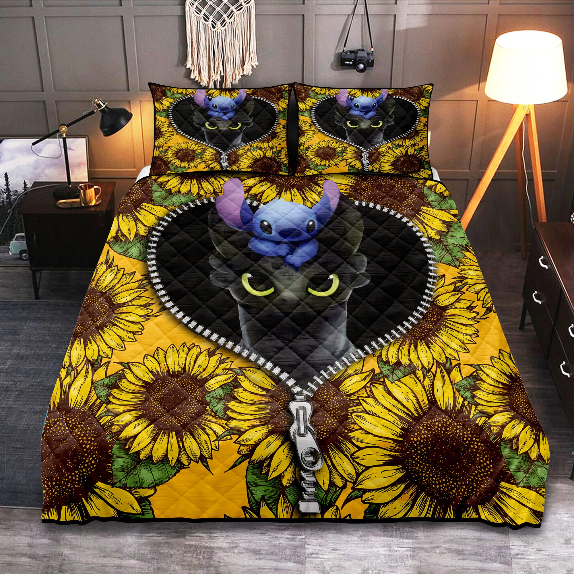Toothless and Stitch Sunflower Quilt Bed Set for Cozy Bedding