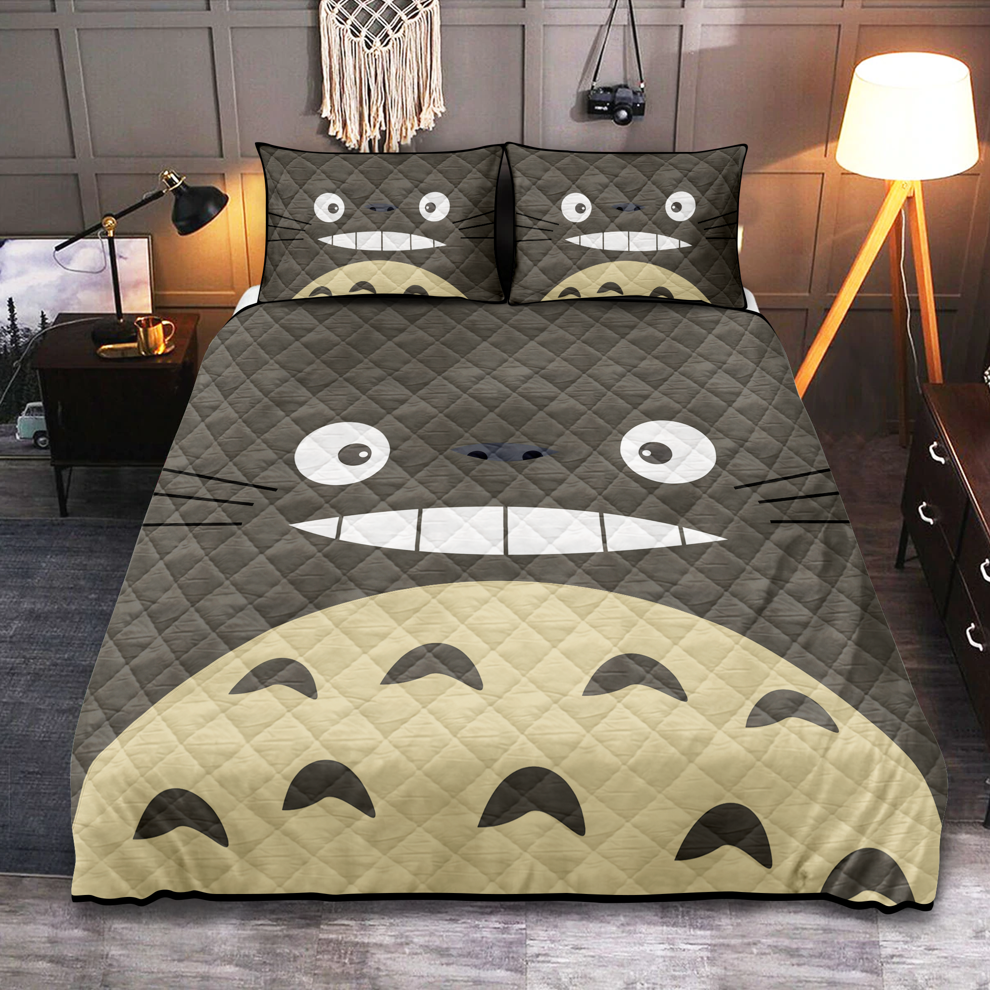Funny Ghibli Studio Totoro Face Quilt Bed Set Totoro