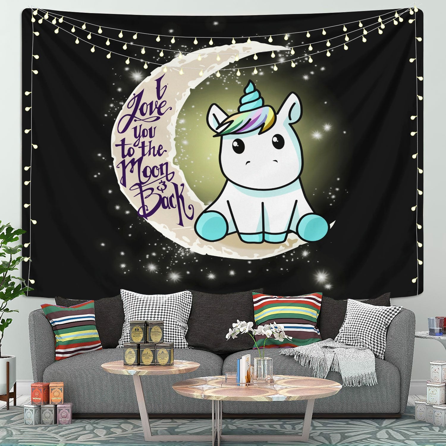 Unicorn Love You To The Moon Tapestry for Home Room Decor