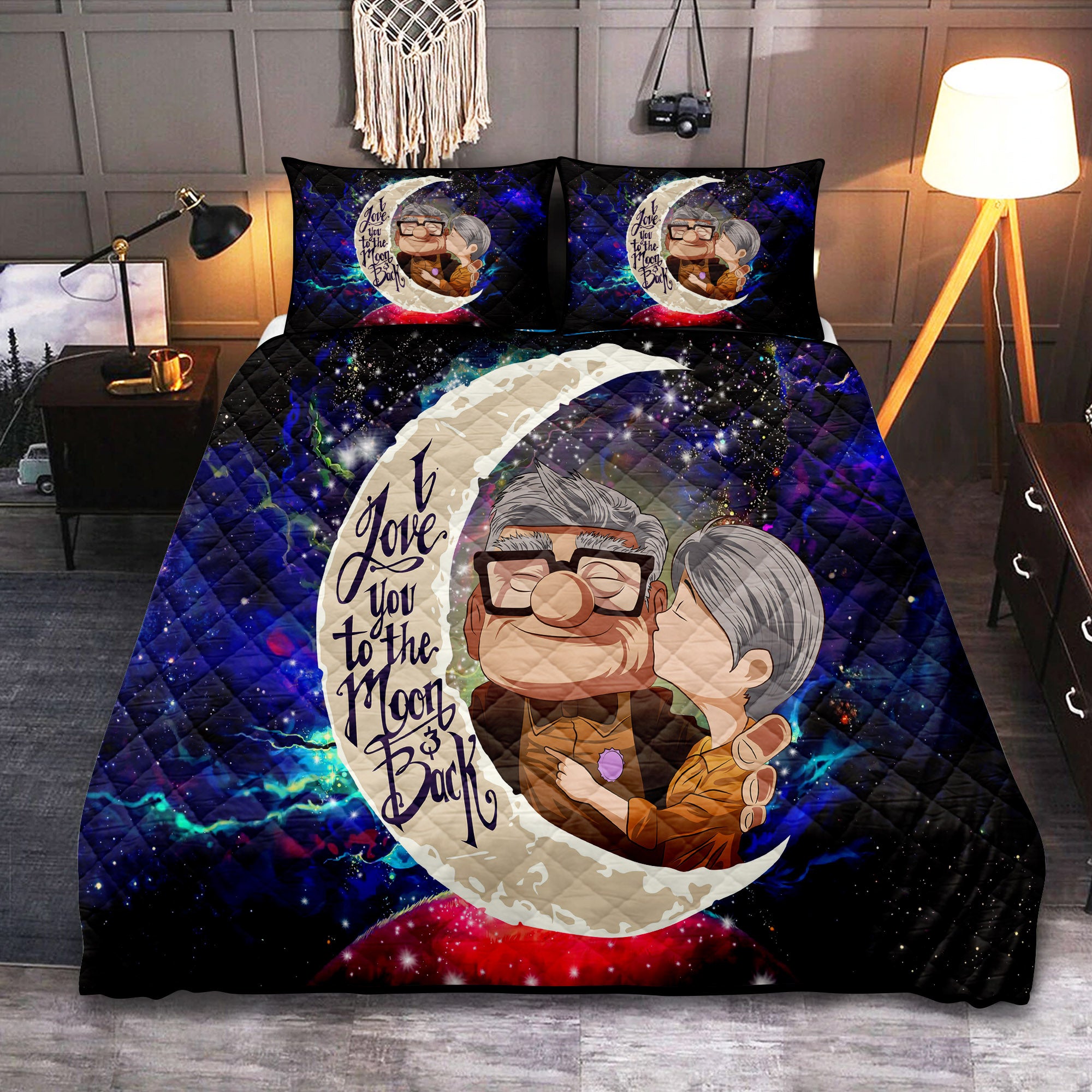 Love You To The Moon Galaxy Quilt Bed Set for Couples