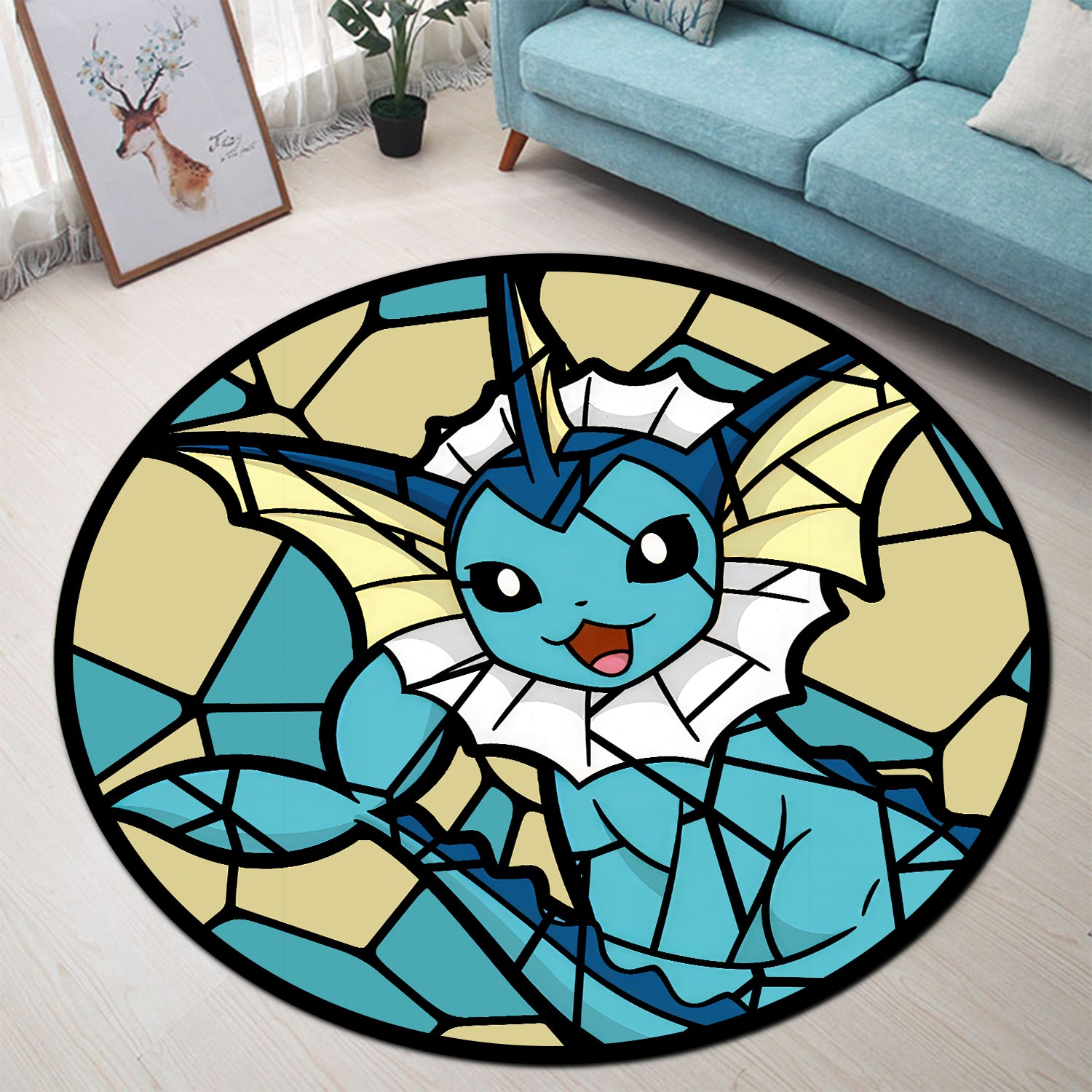 Vaporeon Pokemon Stained Glass Round Carpet Rug for Home Decor