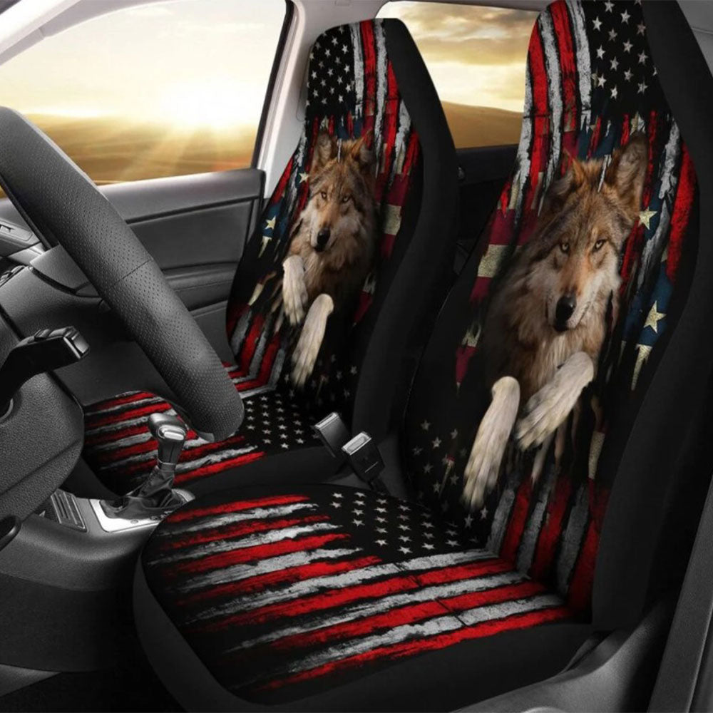 Wolf Car Seat Covers with Flag Design | Unique Animal Pattern