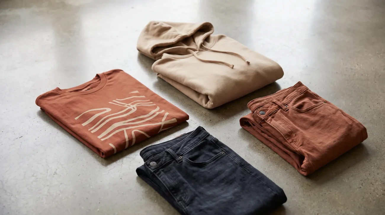 Link a guest order: a curated flat lay of a folded graphic tee, a hoodie and folded denim