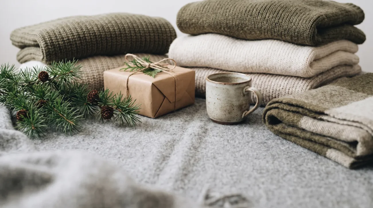 Important announcement: festive flat lay of folded knit sweaters, pine sprigs and a wrapped gift box