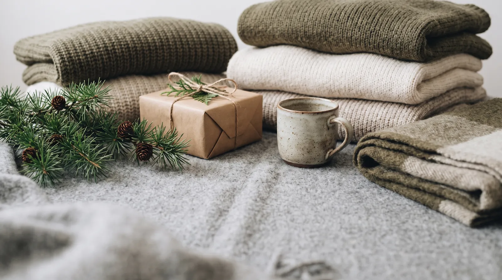 Important announcement: festive flat lay of folded knit sweaters, pine sprigs and a wrapped gift box