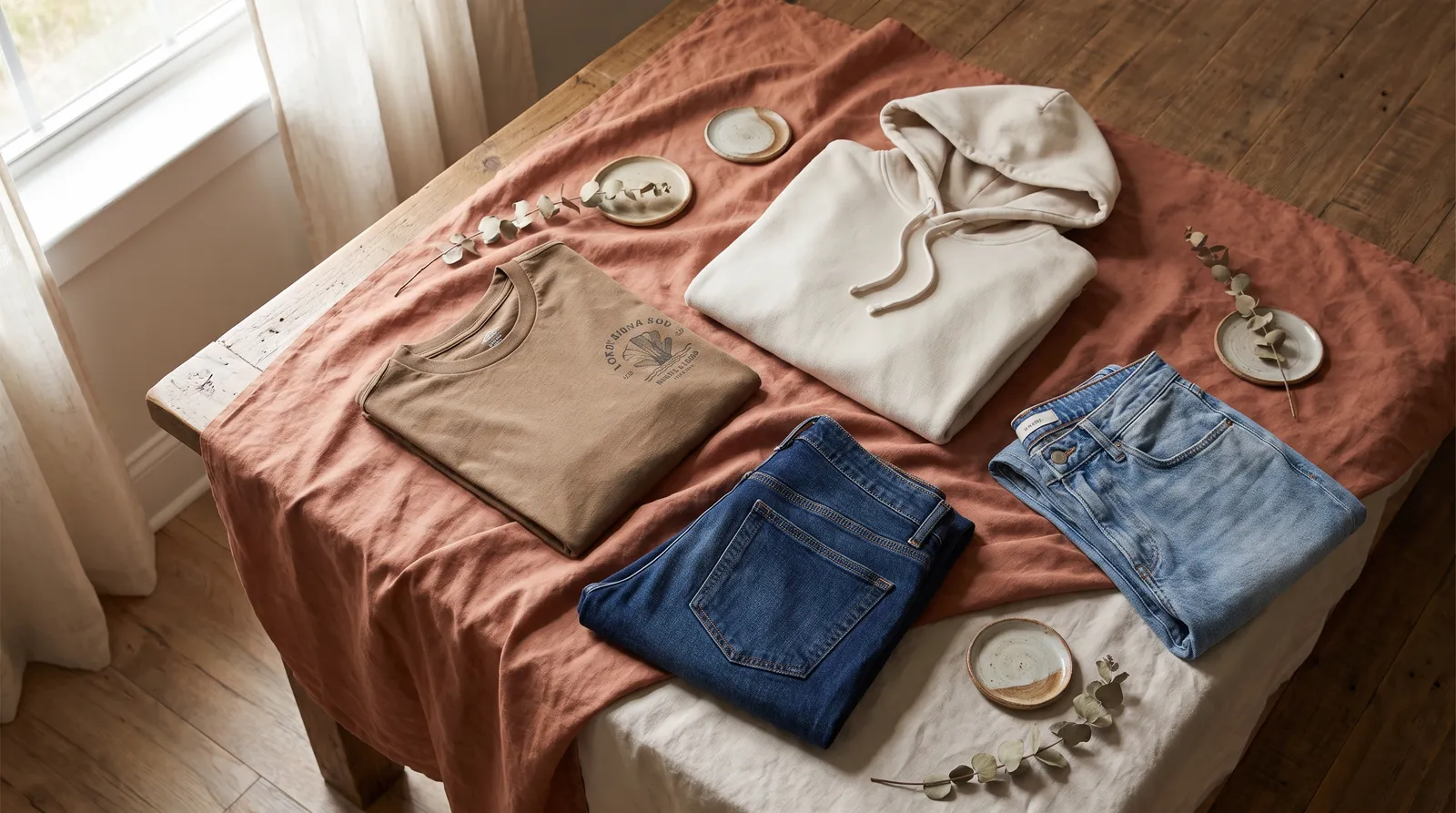 Varsity Jackets: a curated flat lay of a folded graphic tee, a hoodie and folded denim