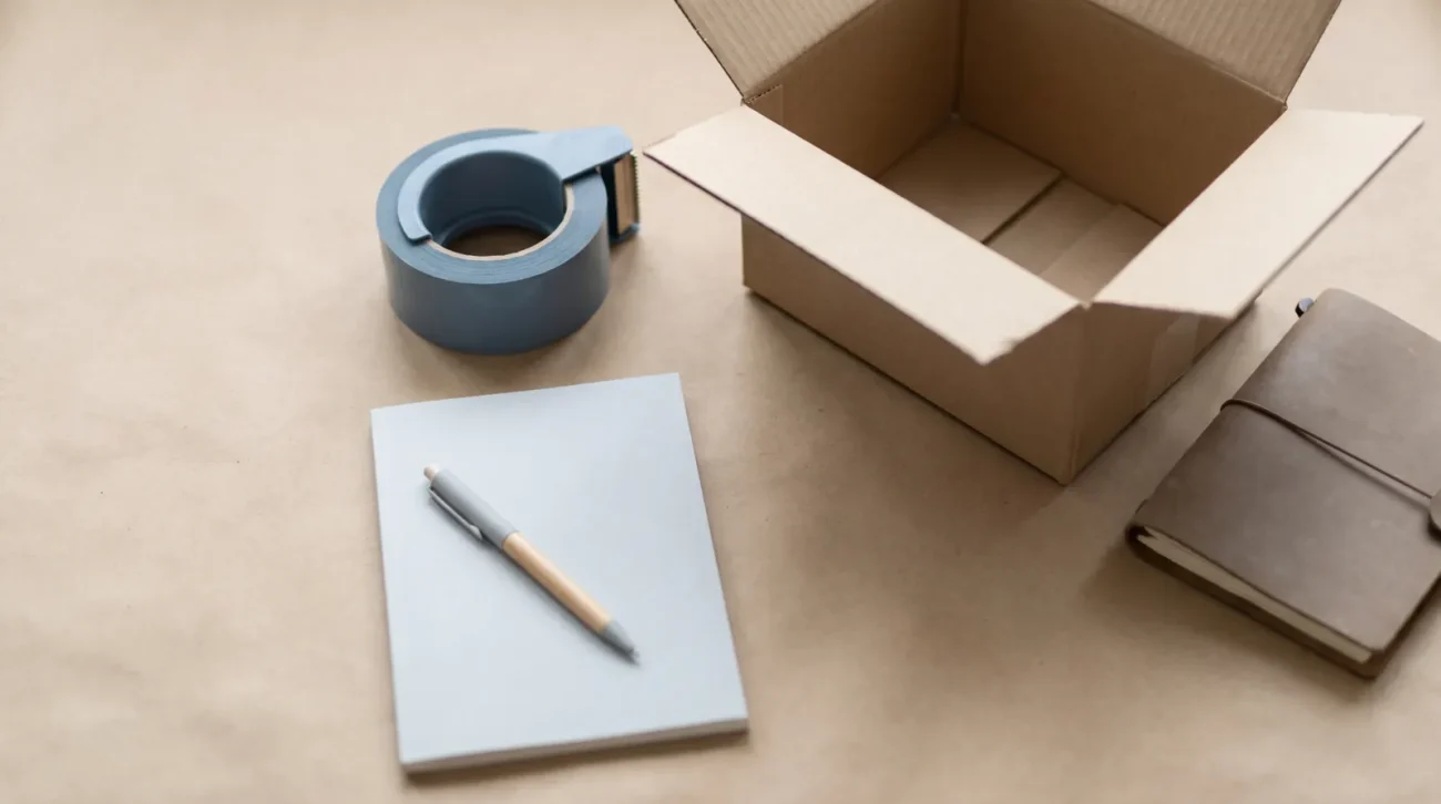 Notice: a minimal desk scene with a cardboard shipping box, packing tape and a notebook