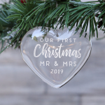 First Christmas Married Engraved Glass Ornament, Personalized Heart Glass ornament