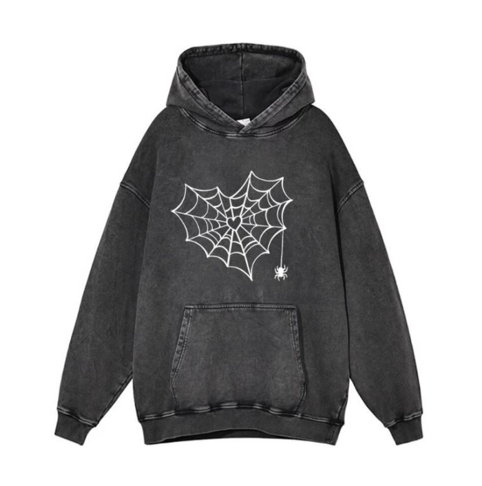 Heart Shape Spider Web Washed Vintage Hoodie - Image 1
