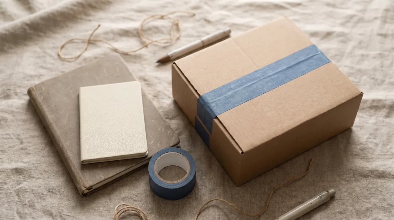 Animebape is now using google: a minimal desk scene with a cardboard shipping box, packing tape and a notebook
