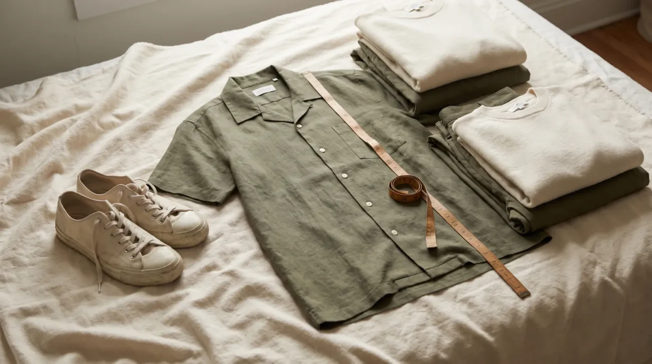 Choose the right size: an open camp-collar shirt laid flat beside a tailor measuring tape