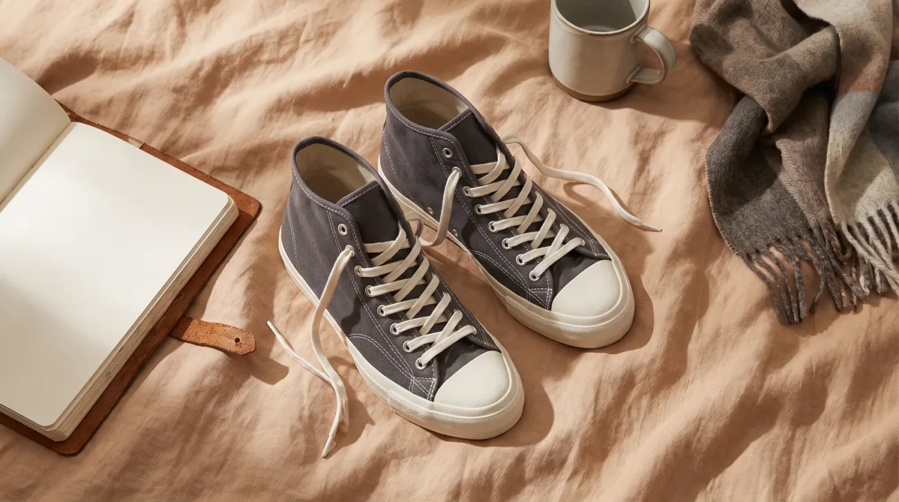 Step into style: a pair of mid-top canvas sneakers with loose laces, shot from above