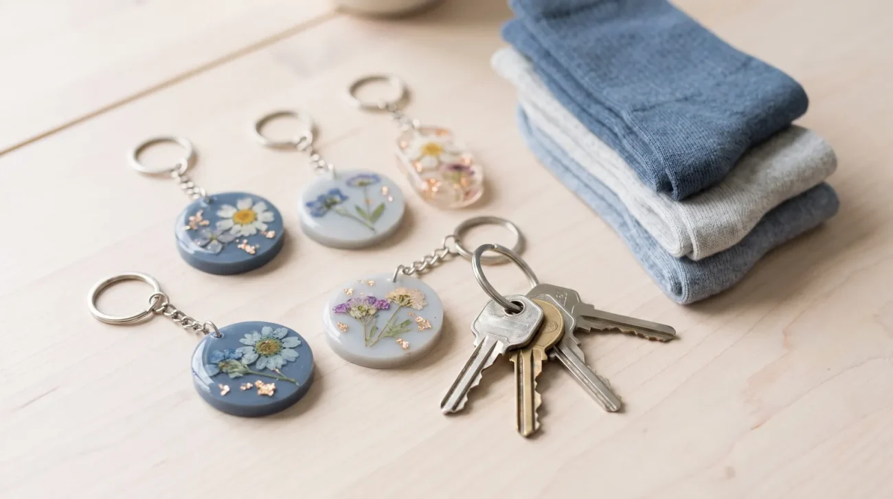 Tiny treasure that’s winning every: resin charm keychains and keys arranged in close macro detail