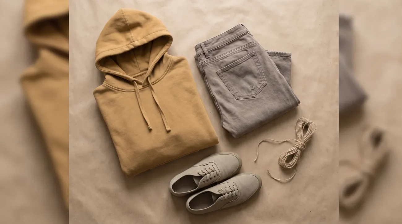 Anime streetwear trends you can’t: a layered streetwear flat lay of hoodie, folded denim and sneakers