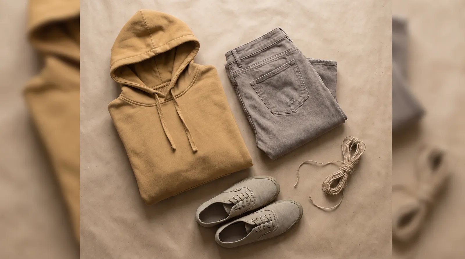 Anime streetwear trends you can’t: a layered streetwear flat lay of hoodie, folded denim and sneakers