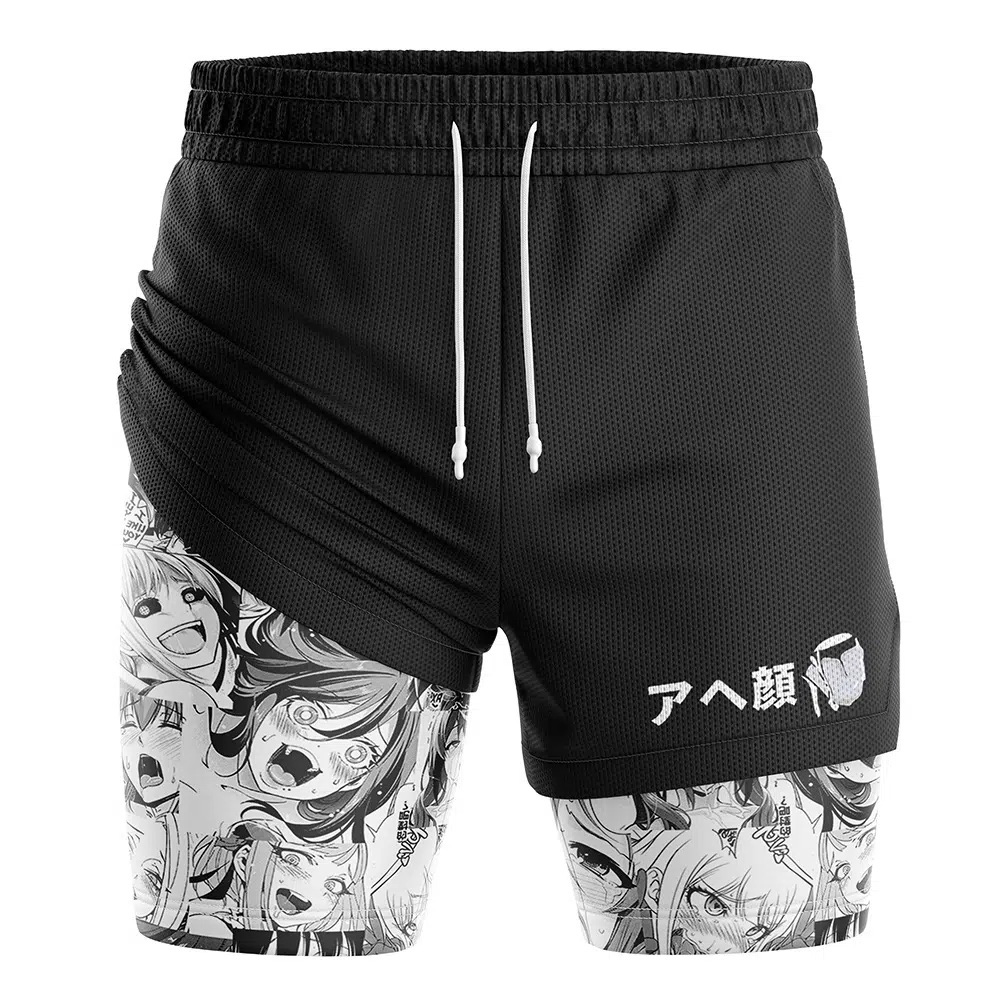 Ahegao Manga Compression Workout Training Shorts (2-in-1)