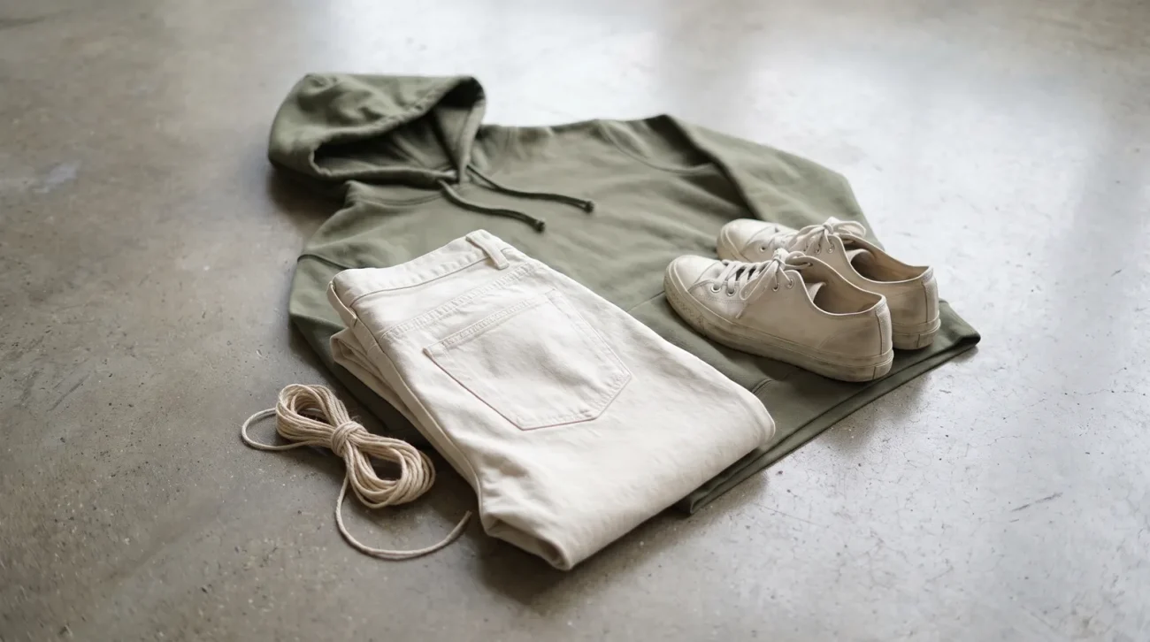Anime lifestyle: a layered streetwear flat lay of hoodie, folded denim and sneakers