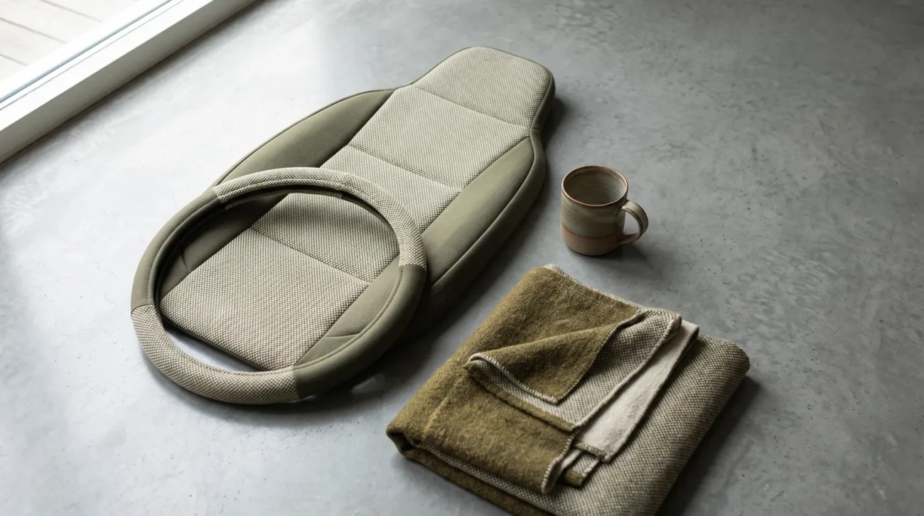 Best anime car accessories gifts: car interior detail showing a fitted fabric seat cover and steering wheel cover