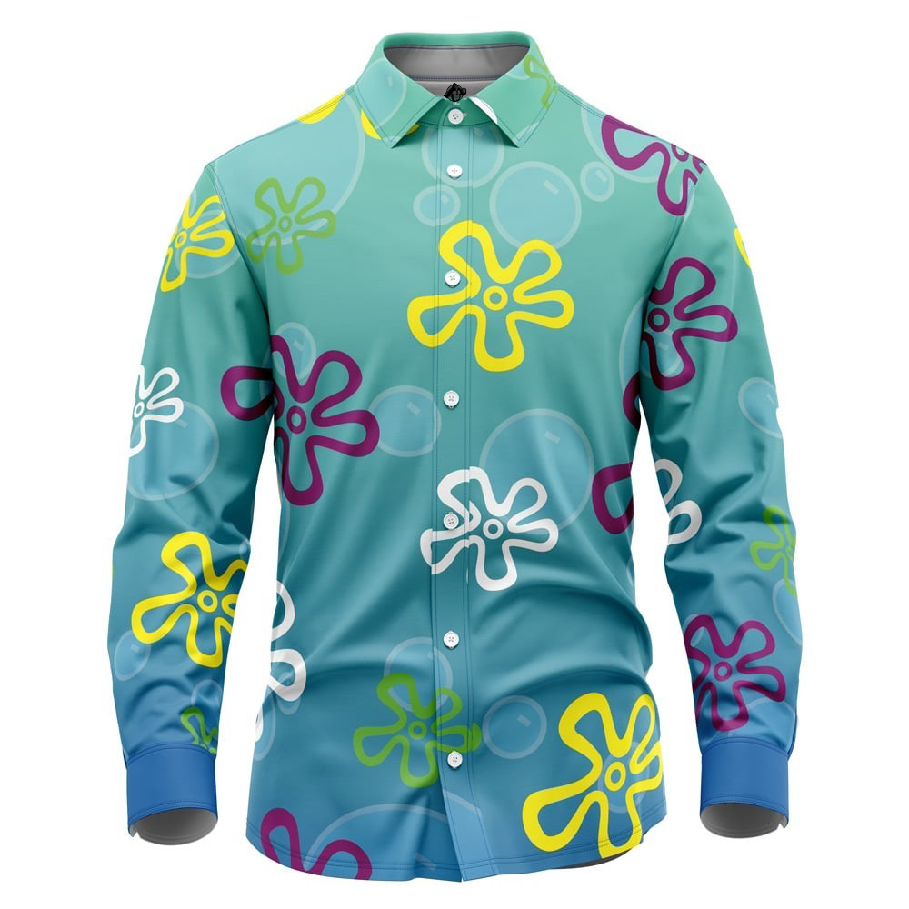 Bikini Bottom Pattern Spongebob Squarepants Long Sleeve Button Up Shirt