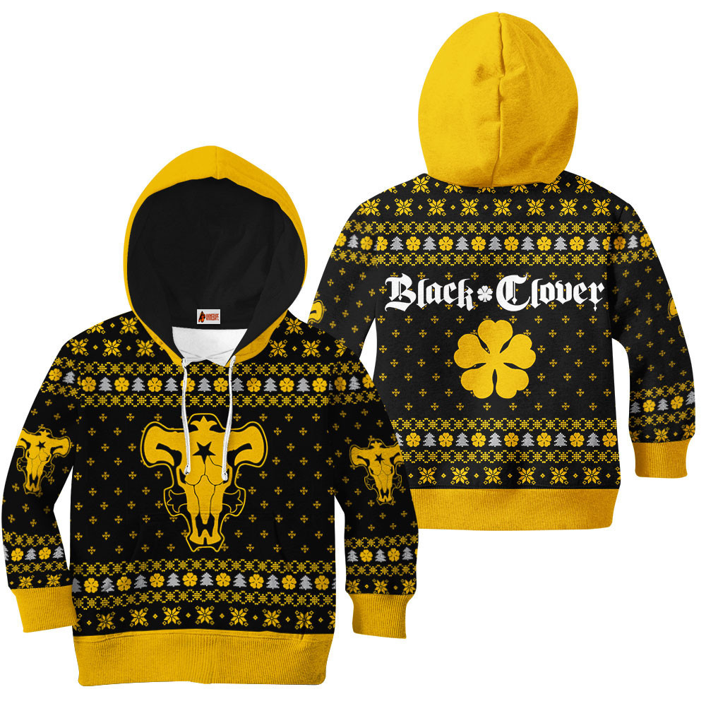 Kids Hoodie Black Bull Ugly Christmas Black Clover