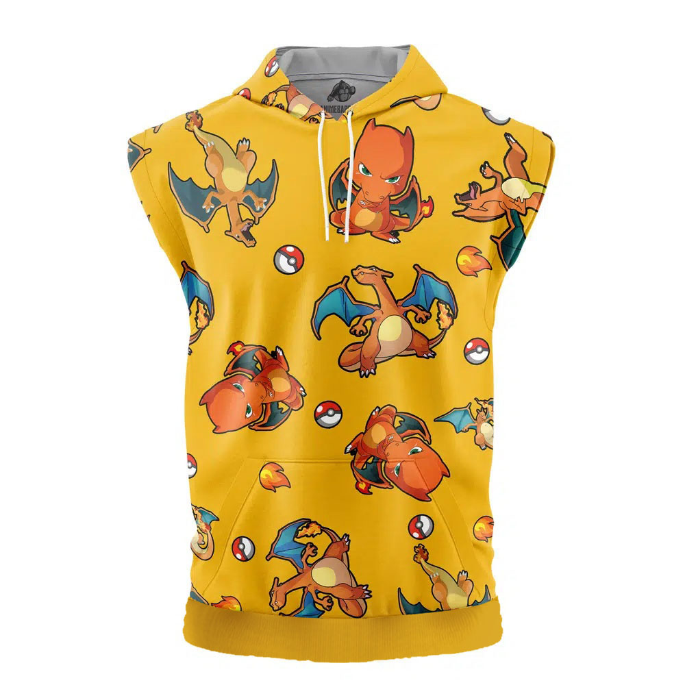 Charizard Pattern Pokemon Cut Off Sleeveless Workout Hoodie
