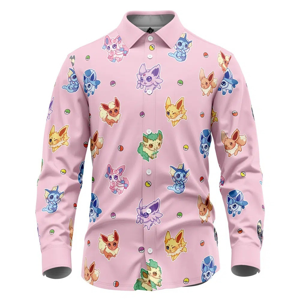 Chibi Eevelutions Pattern Pokemon Long Sleeve Button Up Shirt