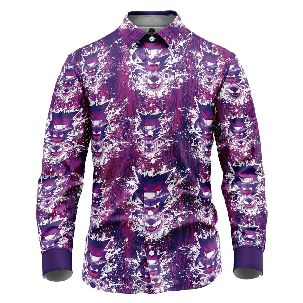 Ghostly Evolution Ghastly Haunter Gengar Pokemon Long Sleeve Button Up Shirt