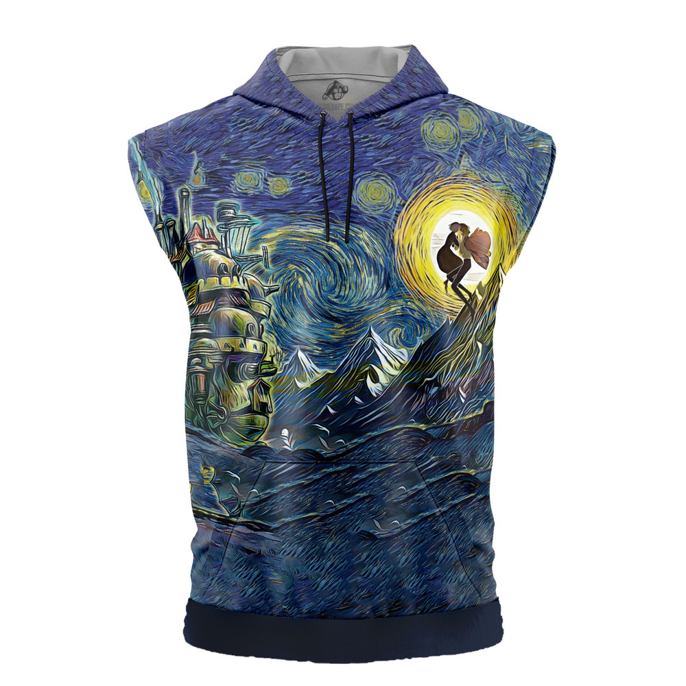 Howl's Moving Castle Starry Night Studio Ghibli Cut Off Sleeveless Workout Hoodie
