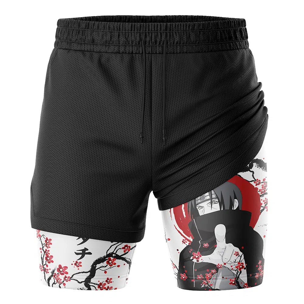 Itachi Uchiha Cherry Blossom Shippuden Naruto Compression Workout Training Shorts (2-in-1)